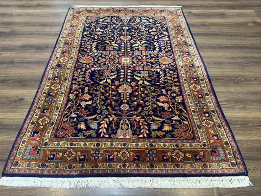 Indo Persian Sarouk Rug 4x6, Blue and Rust Red