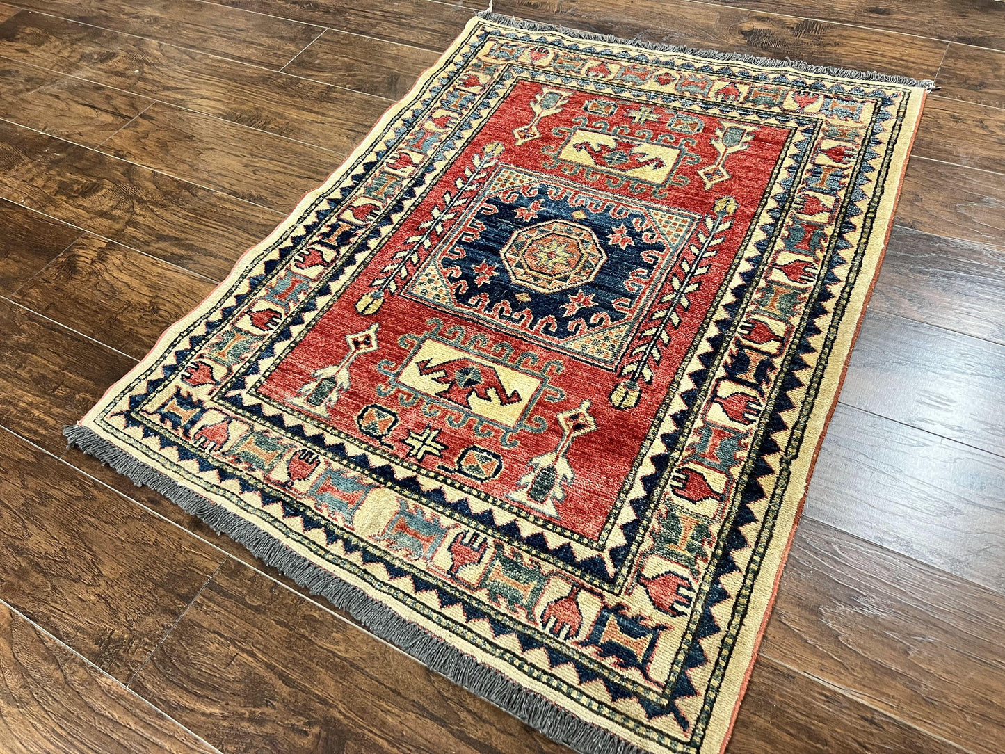 Turkish Kazak Rug 3x4 Hand Knotted Wool Vintage Carpet Red Navy Blue Geometric Design