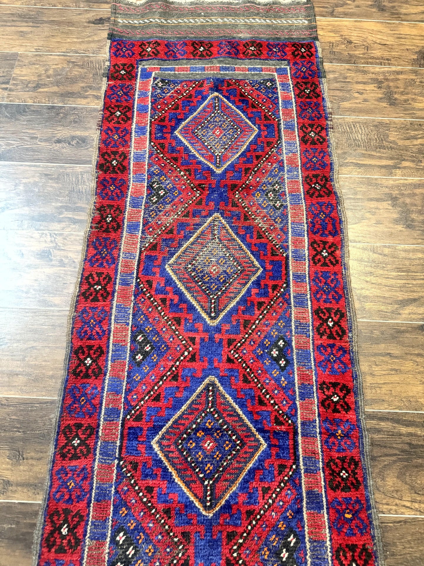 Turkoman Runner Rug 2x8.6 Handmade Wool Hallway Runner Vintage Red Blue