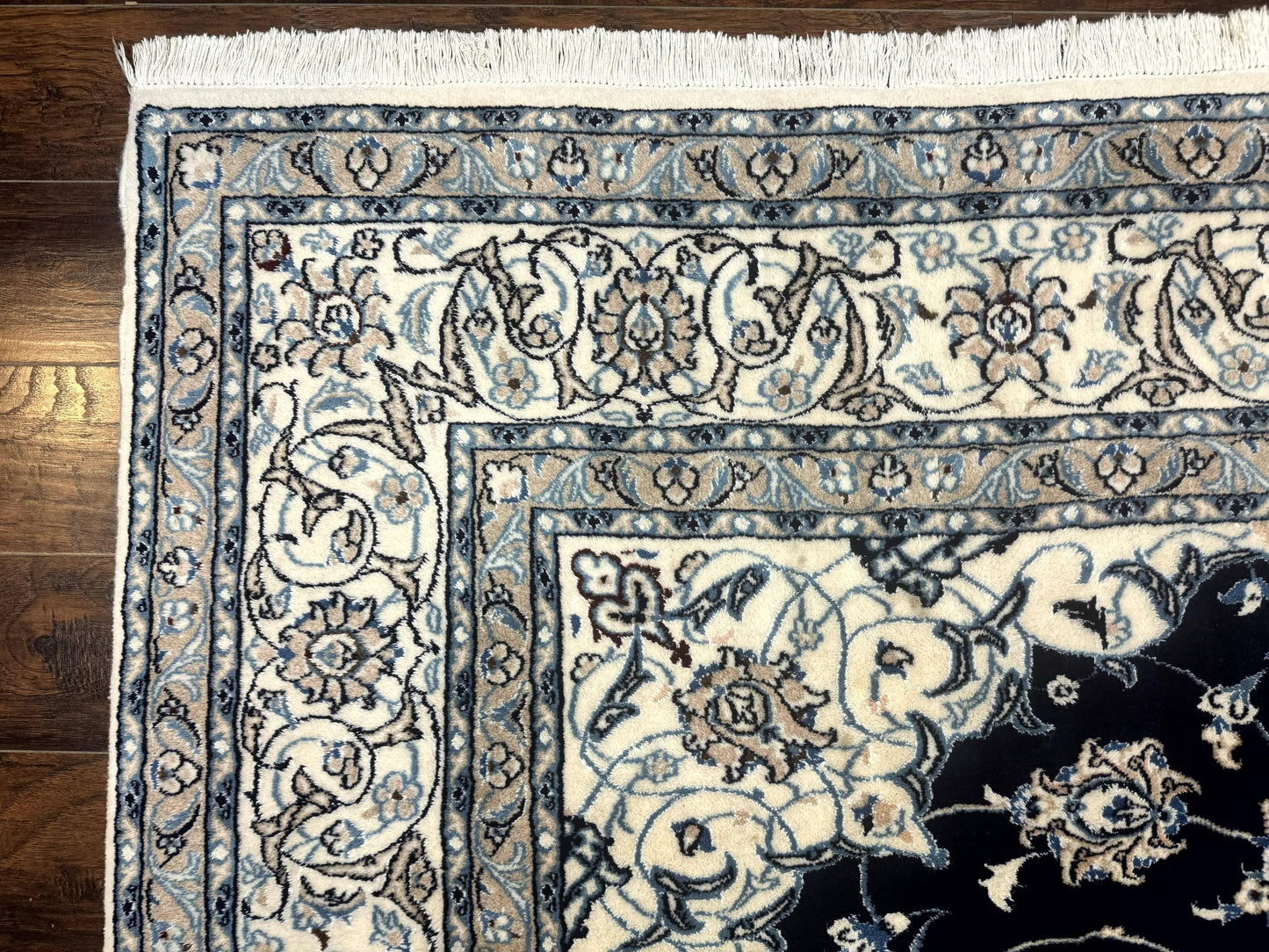 Persian Nain Rug 8x11, Navy Blue and Ivory, Handmade Wool Vintage Carpet, Floral Medallion