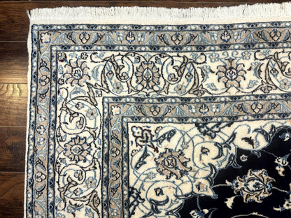 Persian Nain Rug 8x11, Navy Blue and Ivory, Handmade Wool Vintage Carpet, Floral Medallion