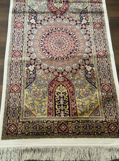 Turkish Silk Runner Rug 2.6 x 10, Dome Design, Hereke Runner, Bamboo Silk, New