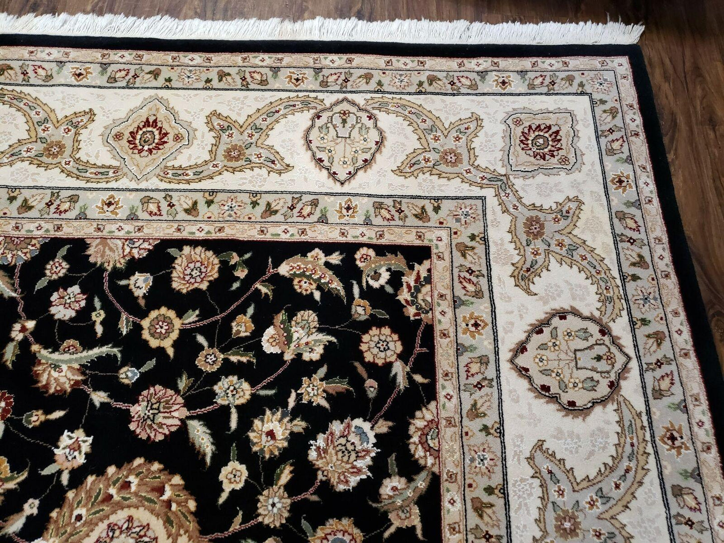 Vintage Wool Rug Oriental Floral Silk Highlights Black Handmade 8 Ft 5 In By 11 Ft 6 In