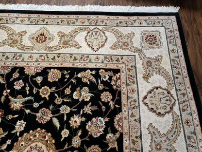 Vintage Wool Rug Oriental Floral Silk Highlights Black Handmade 8 Ft 5 In By 11 Ft 6 In