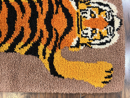 Small Hooked Rug 2x3, Tibetan Tiger Design, Wool, Unique Hooked Rug, Vintage