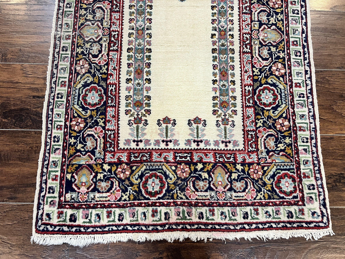 Turkish Prayer Rug Two Point Five By Four Vintage Wool Hand Knotted Ivory Carpet