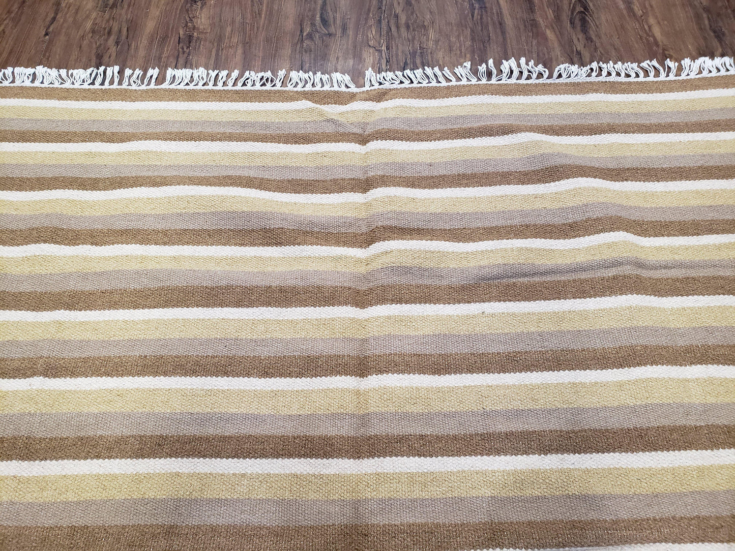 Indian Striped Blanket 6x9, Large Indo Kilim Area Rug, Earthern Tones Woolen Hand-Woven Flatweave South American Style Queen Size Bedspread