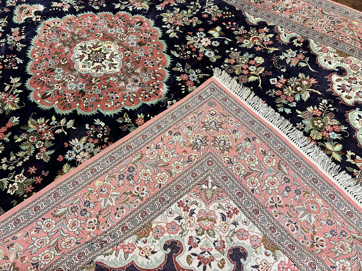 Silk Persian Qum Rug 7x9 Hand Knotted Navy Blue Salmon Floral Medallion Authentic Oriental Carpet