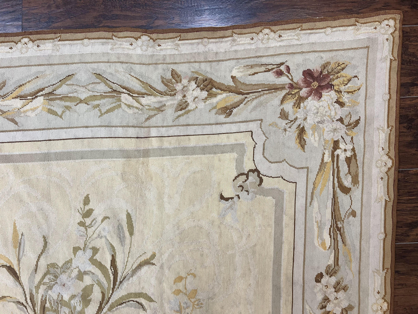 Needlepoint Rug 6x9, Elegant European Design Aubusson Carpet, Vintage Wool Handmade Rug, Light Yellow Ivory