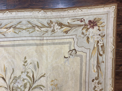Needlepoint Rug 6x9, Elegant European Design Aubusson Carpet, Vintage Wool Handmade Rug, Light Yellow Ivory