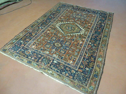 Persian Karajeh Rug 5x6 Antique Geometric Medallion Hand Knotted Wool Carpet