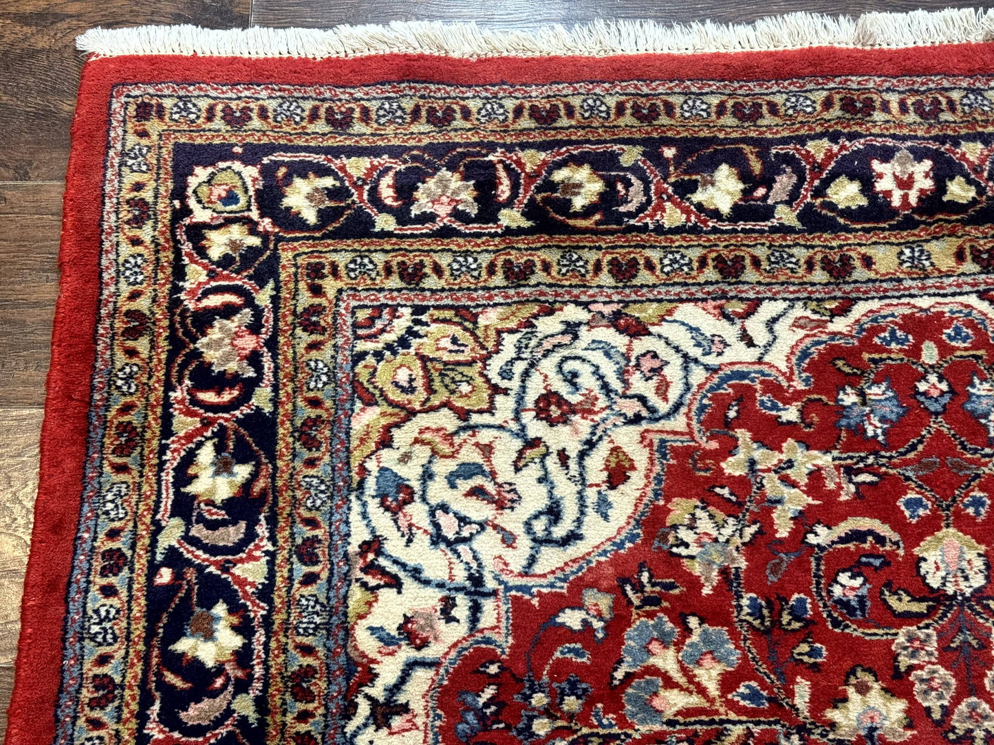 Persian Sarouk Rug 4x7, Red Navy Blue Vintage Wool Medallion Carpet