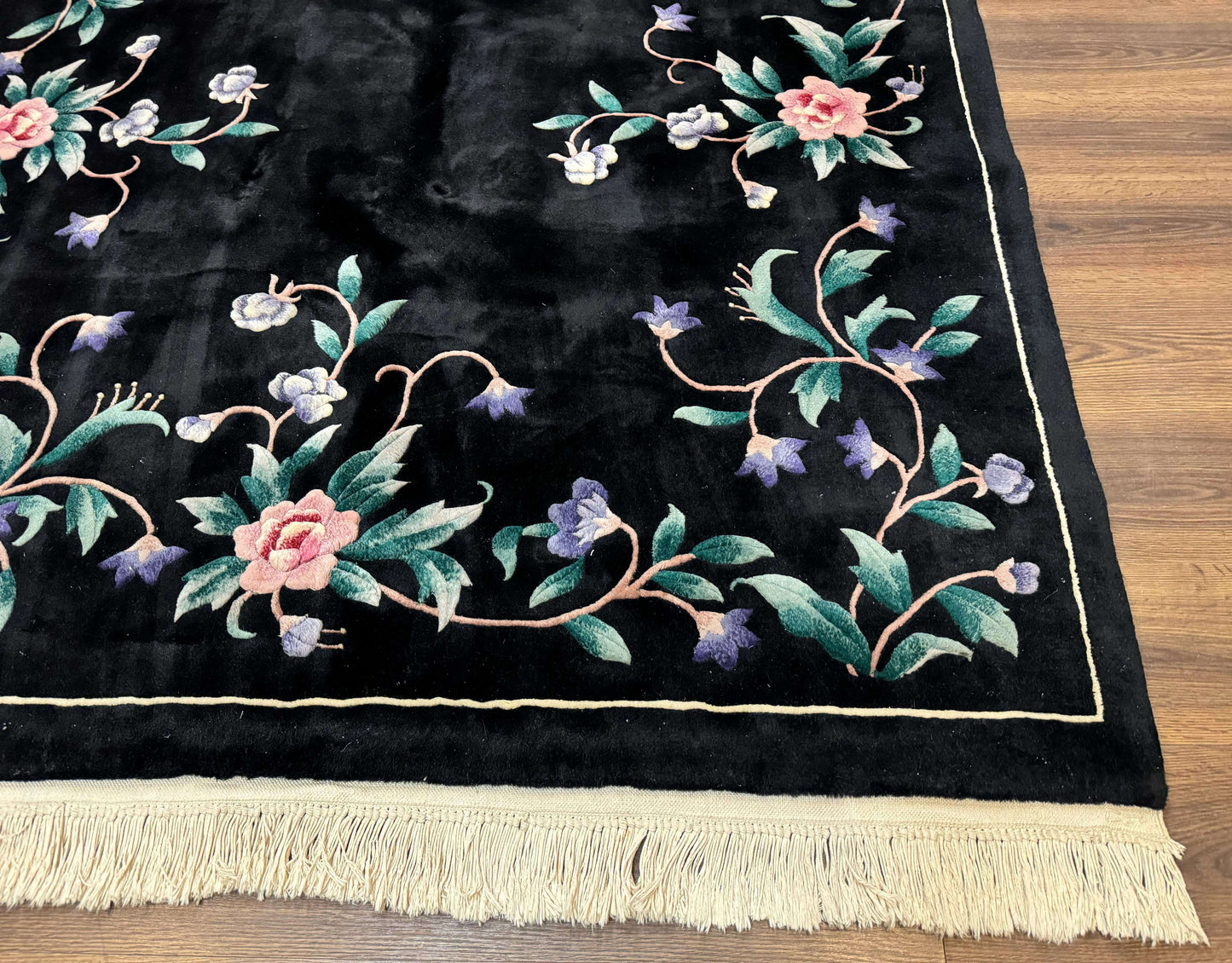Chinese Wool Rug 6x9 Vintage Black Floral Minimal Design Art Deco Handmade Hand Knotted
