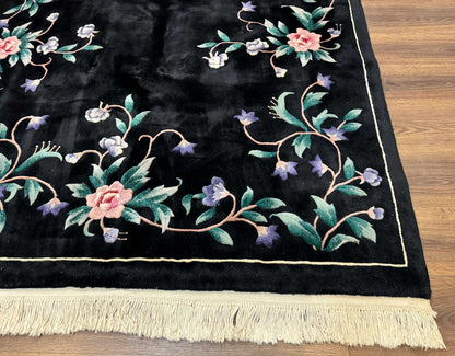 Chinese Wool Rug 6x9 Vintage Black Floral Minimal Design Art Deco Handmade Hand Knotted