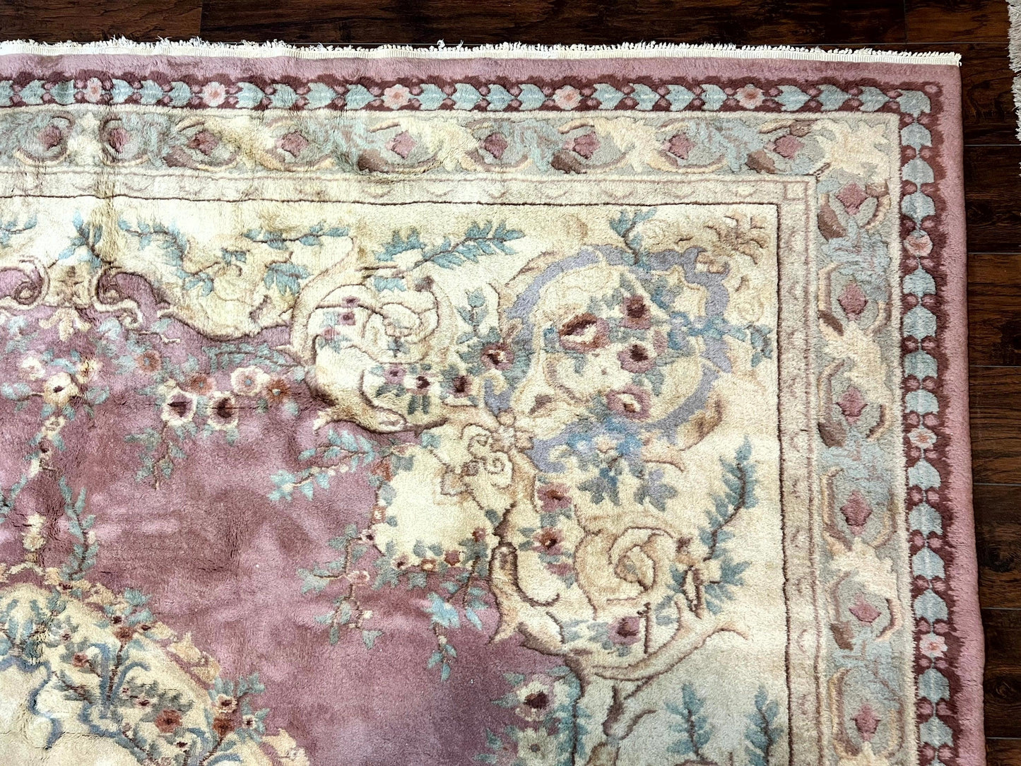 Indo Chinese Aubusson Wool Rug 10x14, Pink and Cream, Handmade Vintage Wool Carpet, Elegant European Design