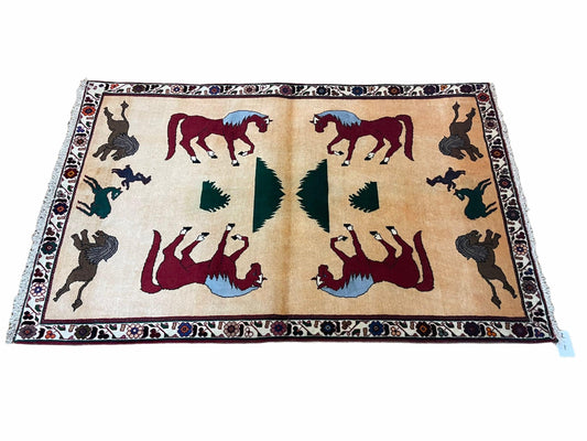 Handmade Wool Rug 4x6 Hand Knotted Tribal Horses Veggie Dyed