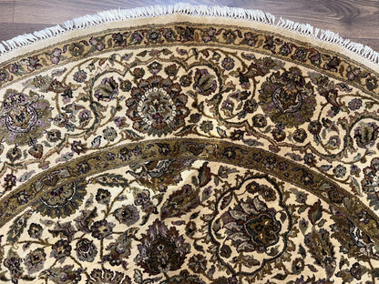Round Indo Persian Rug 8 by 8 ft Hand Knotted Vintage Wool Circular Carpet Floral Medallion Cream and Green