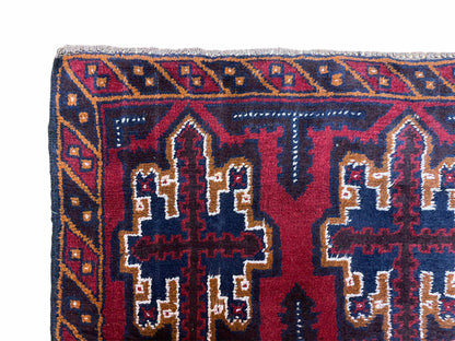 Balouchi Rug Vintage Handmade Tribal Wool Afghan Rug 2 Ft 7 In By 4 Ft 6 In Red Blue