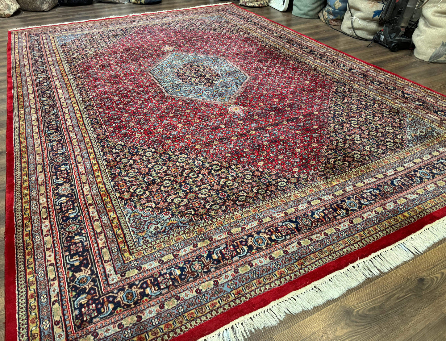 Indo Persian Bidjar Rug 10x14 Red And Dark Blue Herati Mahi Pattern Vintage