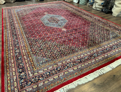 Indo Persian Bidjar Rug 10x14 Red And Dark Blue Herati Mahi Pattern Vintage