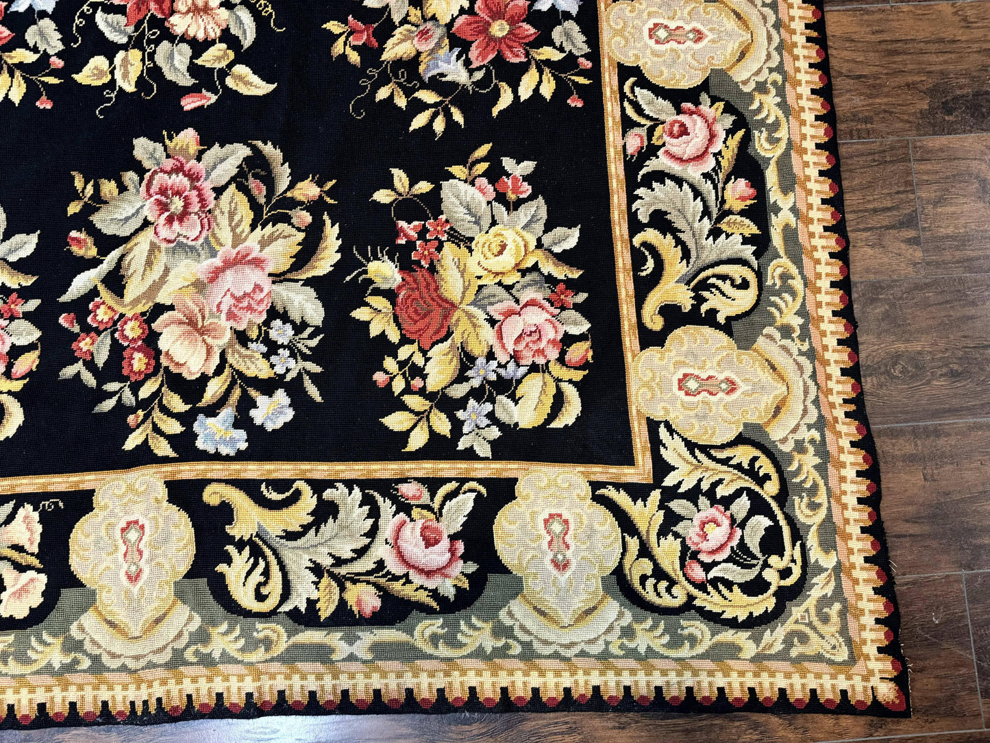 Palace Size Needlepoint Rug 12x16 Handmade Wool Floral Panel Black and Colorful