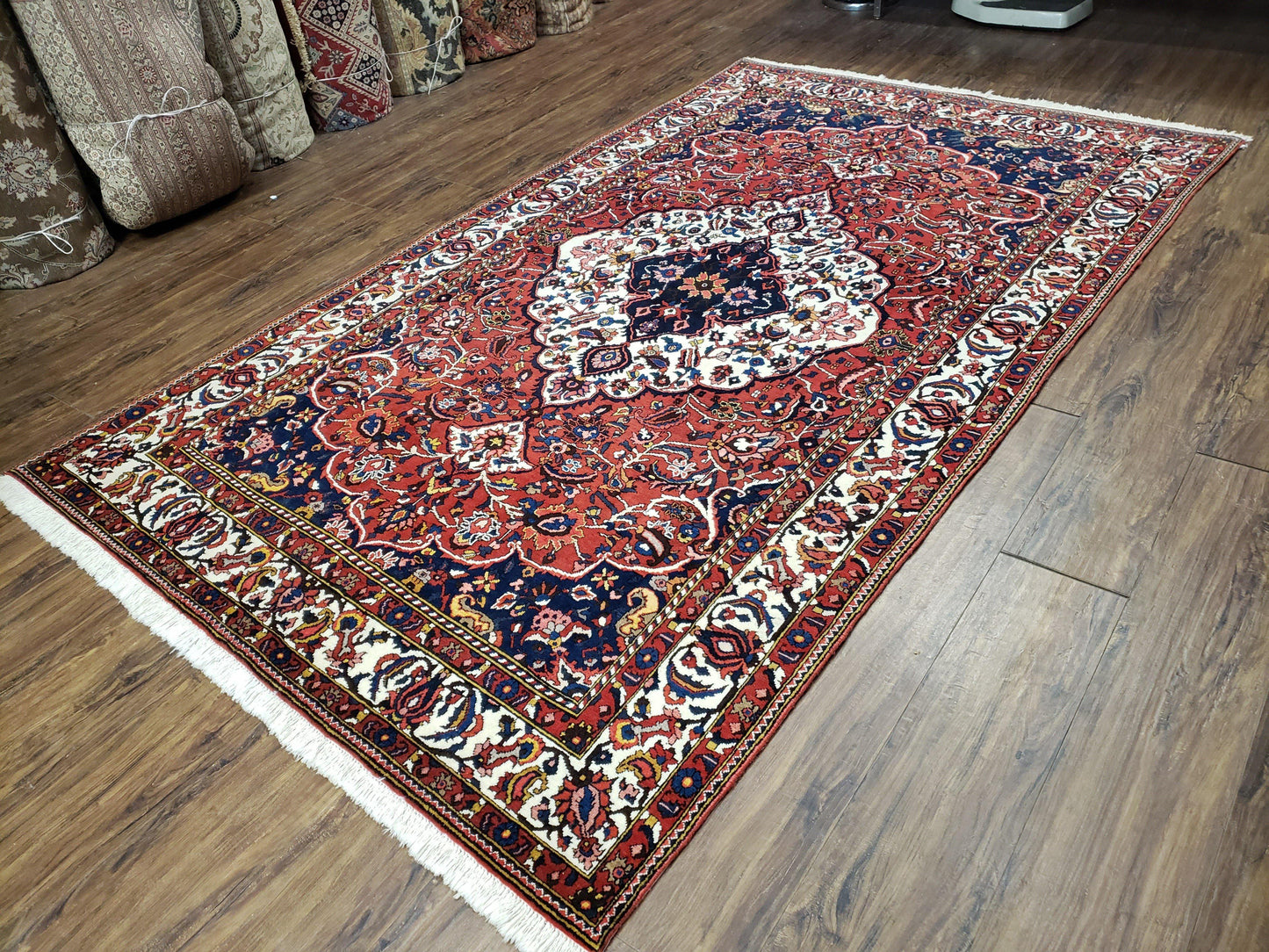 Semi Antique Persian Bakhtiari Rug, Hand-Knotted, Wool, Red, Midnight Blue, Ivory, Floral Medallion, 5'1" x 8' 6"