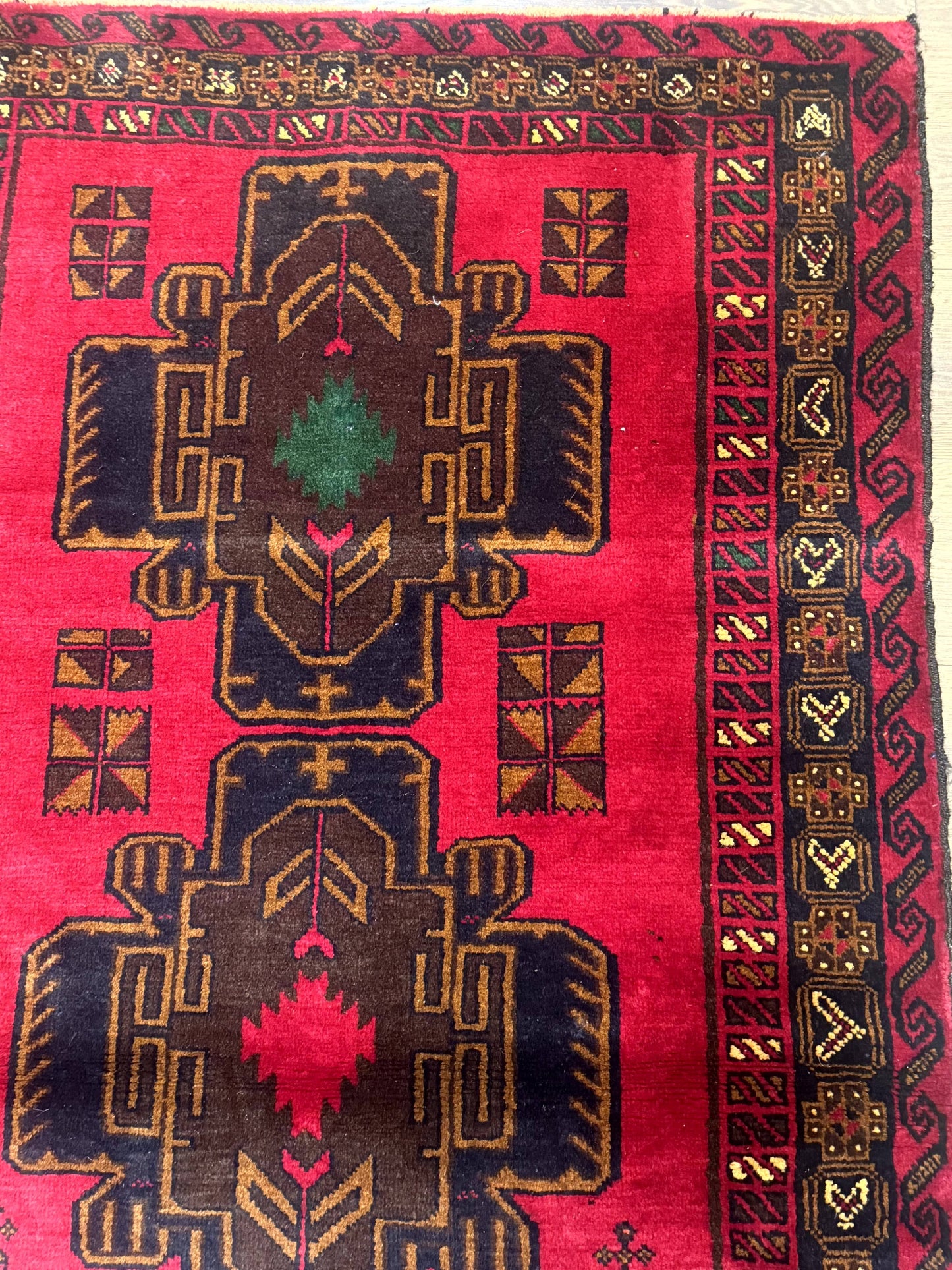 Afghan Balouch Rug Red 4x7 Handmade Wool Area Carpet Triple Medallions