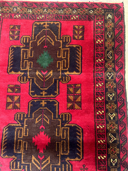 Afghan Balouch Rug Red 4x7 Handmade Wool Area Carpet Triple Medallions