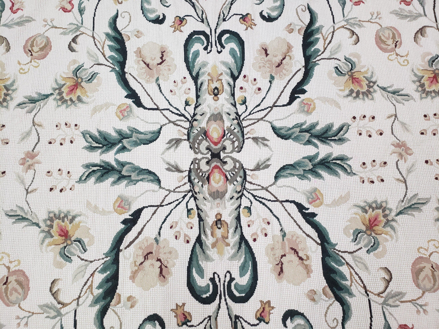 New Needlepoint Rug 9x12, Hand Woven Wool Area Rug, Flatweave Carpet, Handmade Chinese Needlepoint, Floral European Design, Ivory Background