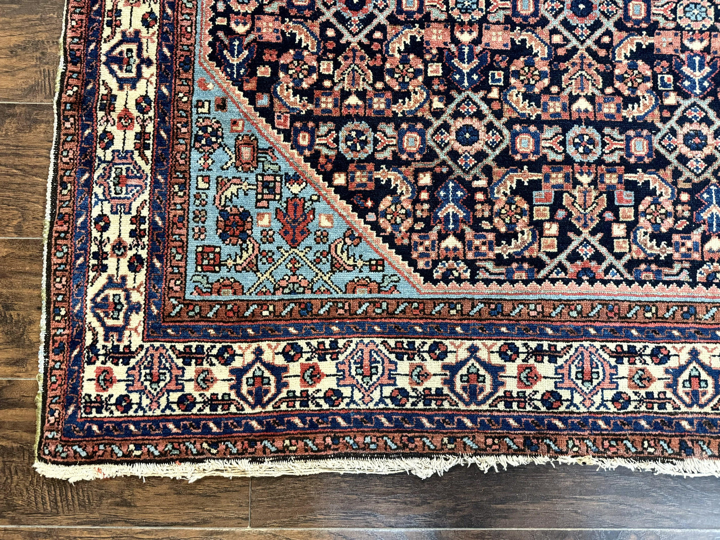 Antique Persian Rug Handmade Wool 5 by 6.7 Feet Navy Blue and Ivory Hamadan Angelas