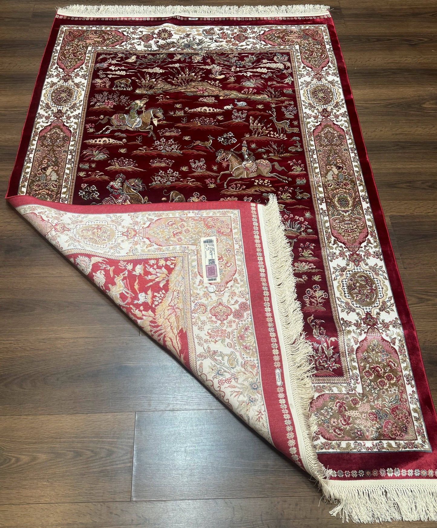 Turkish Silk Hunting Design Rug 4x6 Bamboo Silk Dark Red Ivory