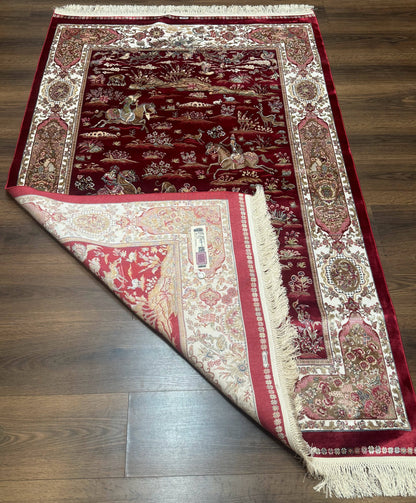 Turkish Silk Hunting Design Rug 4x6 Bamboo Silk Dark Red Ivory