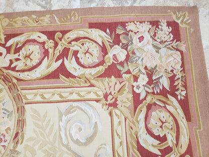 Aubusson Rug 6x9 Flatweave Wool Hand Woven Cream And Red