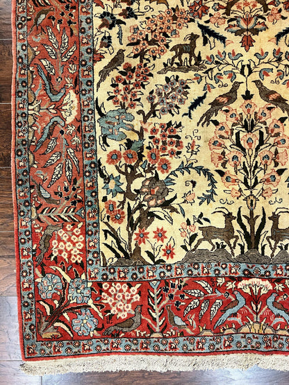 Persian Tree of Life 5x7, Qum Rug, Animal Motifs, Deer Birds, Fine 225 KPSI, Semi Antique Wool Rug, Cream Red