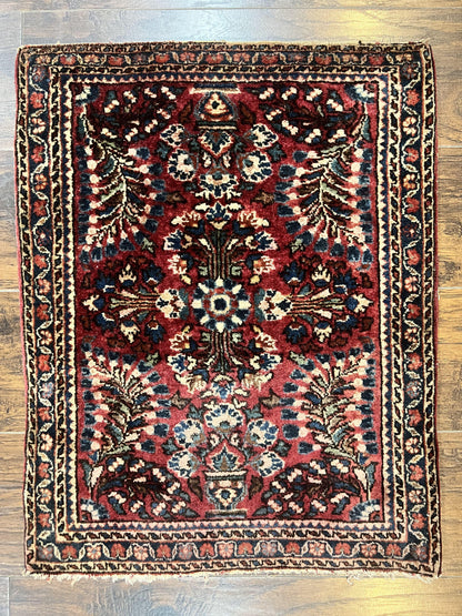 Antique Persian Sarouk Rug Small Two By Two And A Half Wool Handmade Red Floral 1920s 170 KPSI