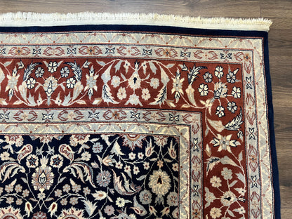 Indo Sarouk Rug 6x9, Vintage Indian Persian Rug, Wool Oriental Carpet, Navy Blue Red Allover Floral Rug, Traditional Very Fine Rug, Area Rug