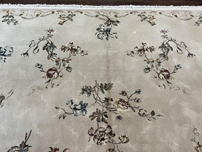 Handmade Chinese Aubusson Wool and Silk Rug 8x10 Vintage Beige Floral European Design