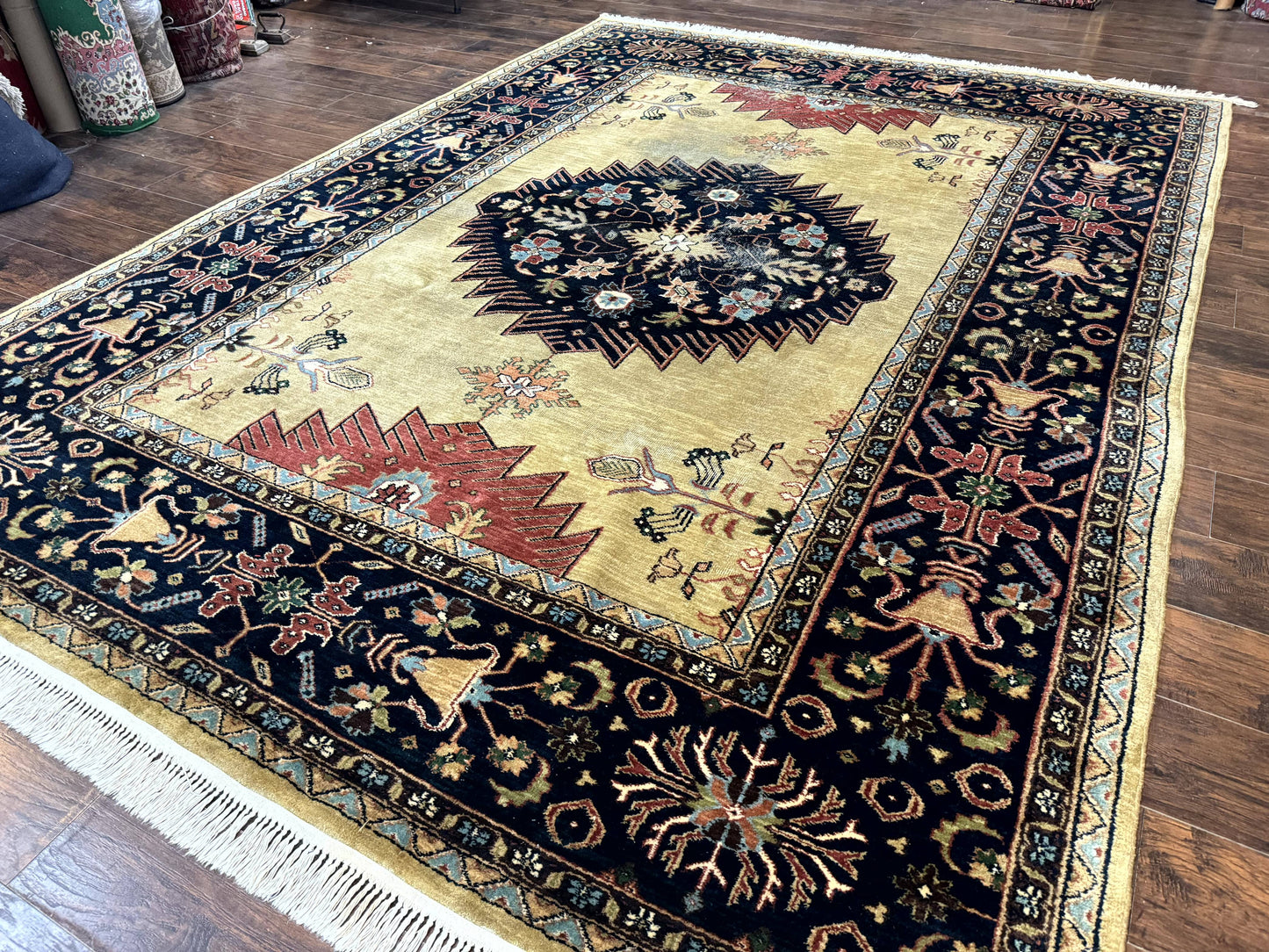 Indo Persian Heriz Rug 8x12 Hand Knotted Wool Decorative Vintage Area Rug Camel Hair Tan And Navy Blue