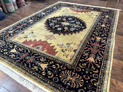 Indo Persian Heriz Rug 8x12 Hand Knotted Wool Decorative Vintage Area Rug Camel Hair Tan And Navy Blue