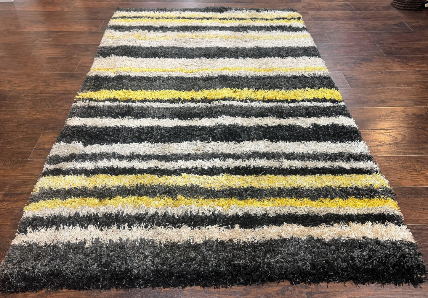 Shag Rug 5x8 Yellow Ivory Charcoal Contemporary Machine Made Polypropylene