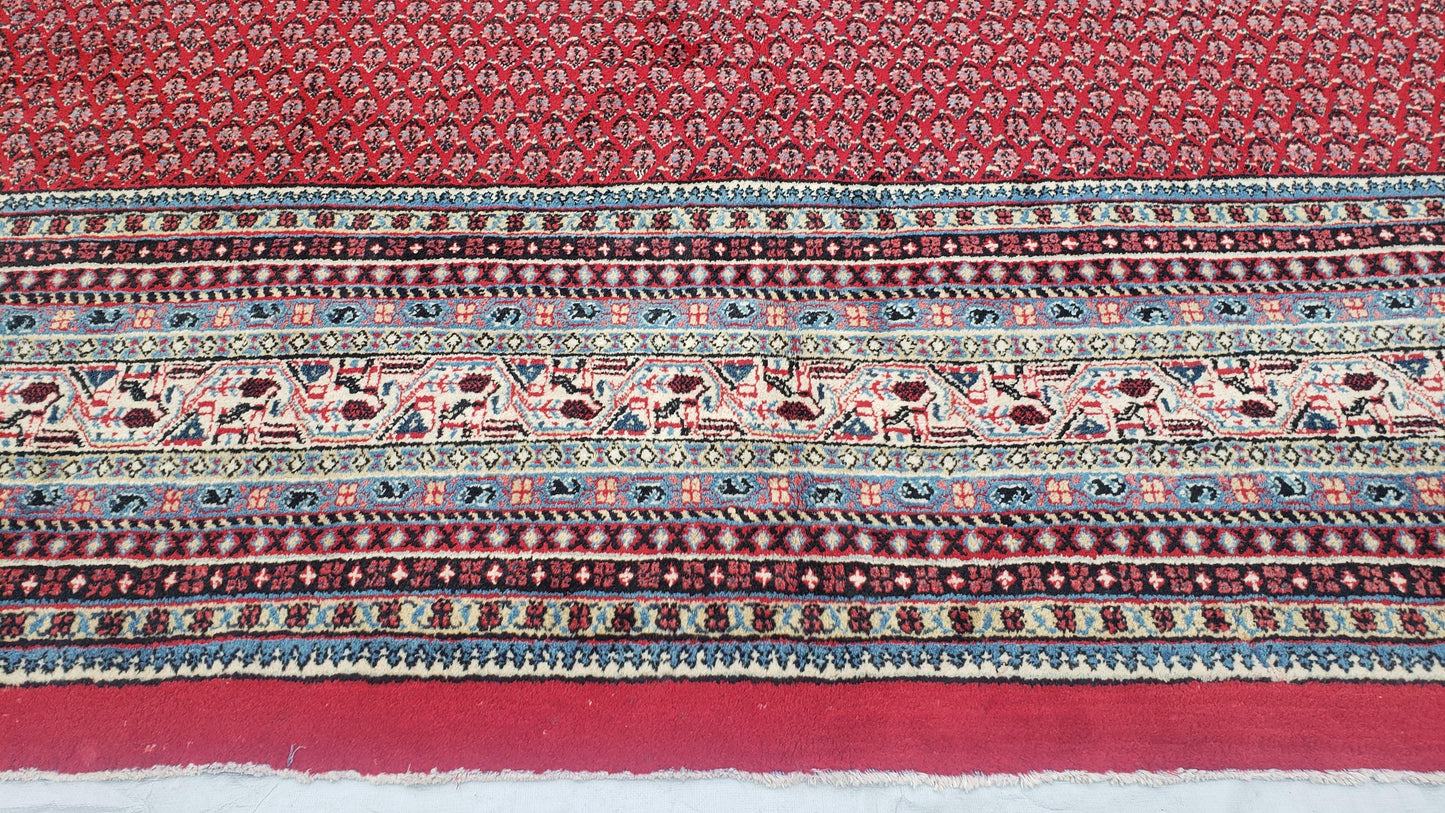Persian Sarouk Mir Pattern, Red and Beige, Hand-Knotted, Wool, Paisley Boteh Design, 9'9" x 13', Semi Antique