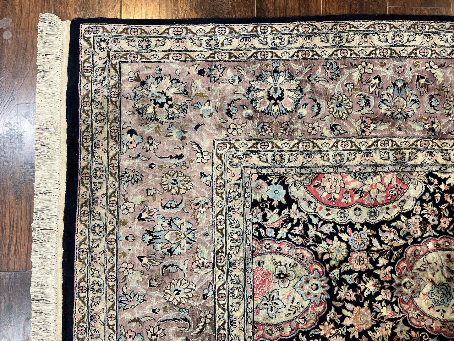 Sino Persian Rug 9x12 Navy Blue and Pink Hand Knotted Wool Silk Floral Vintage Oriental Carpet
