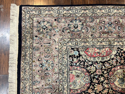Sino Persian Rug 9x12 Navy Blue and Pink Hand Knotted Wool Silk Floral Vintage Oriental Carpet