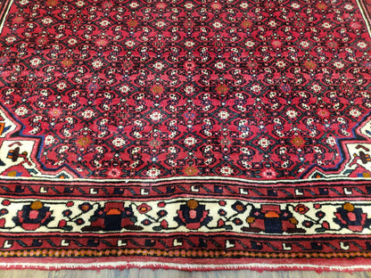 Vintage Persian Hamedan Rug 7x10, Angelas Mahi Pattern, Red, Wool, Hand-Knotted