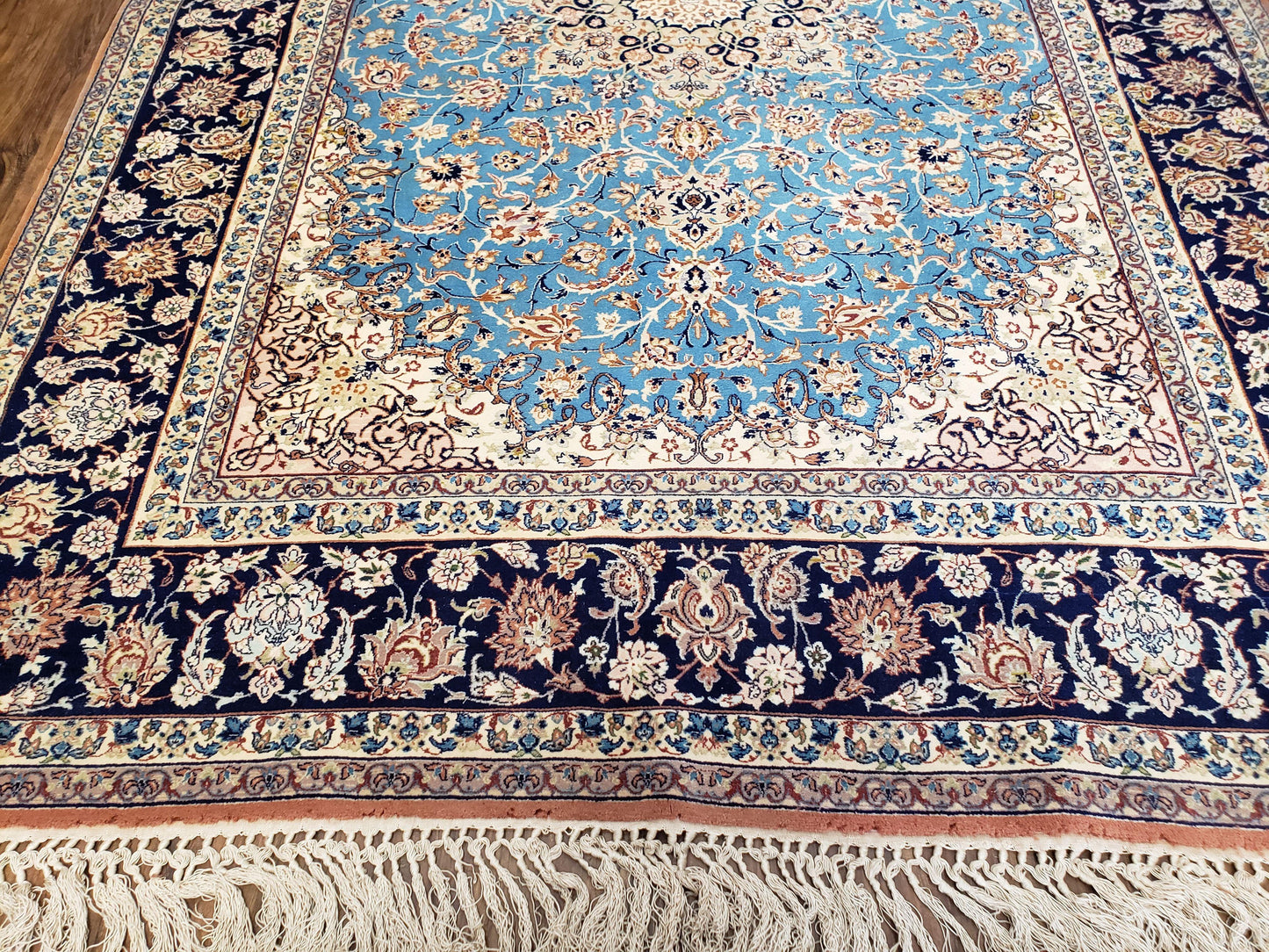 Persian Isfahan Rug Hand Knotted Kork Wool On Silk Foundation Sky Blue Vintage 5 Feet 1 Inch By 7 Feet 8 Inches