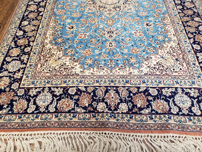 Persian Isfahan Rug Hand Knotted Kork Wool On Silk Foundation Sky Blue Vintage 5 Feet 1 Inch By 7 Feet 8 Inches