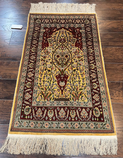 Wonderful Silk Turkish Hereke Prayer Rug 2.8 x 4.5, Tree of Life Design, Signature from Master Weaver, Gold and Burgundy, Handmade, 625 KPSI
