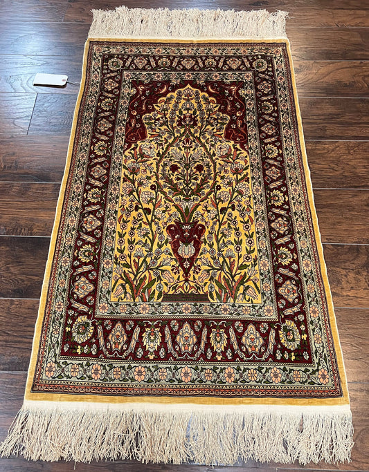Wonderful Silk Turkish Hereke Prayer Rug 2.8 x 4.5, Tree of Life Design, Signature from Master Weaver, Gold and Burgundy, Handmade, 625 KPSI