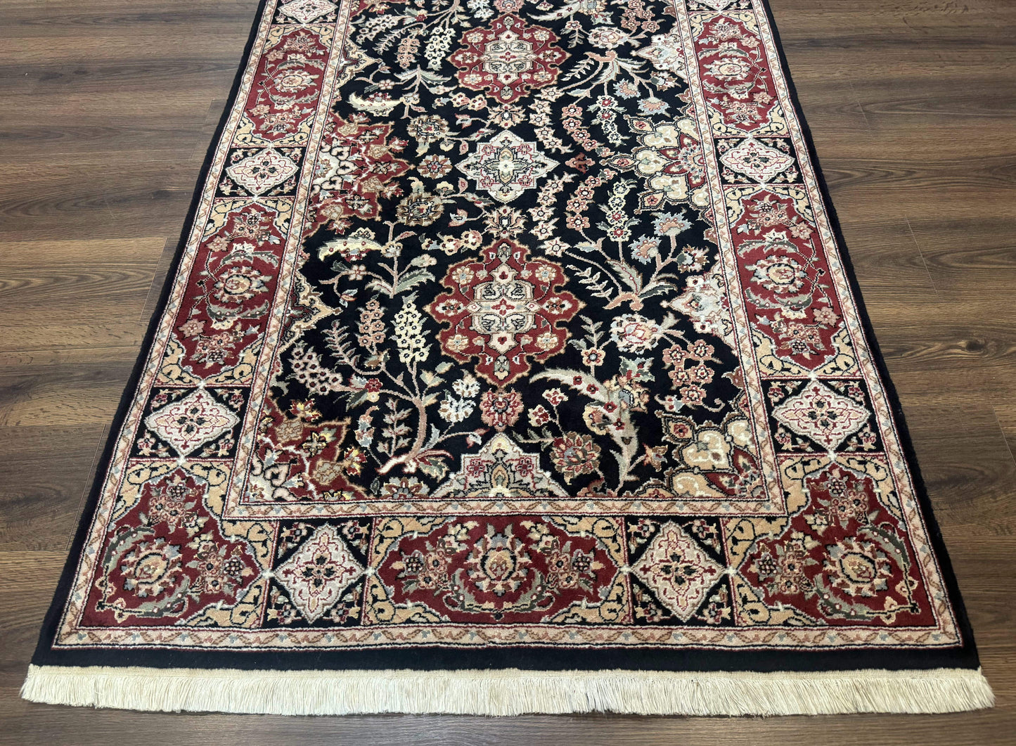 Pak Persian Rug 4x6, Black and Burgundy, Floral Allover, Wool and Silk