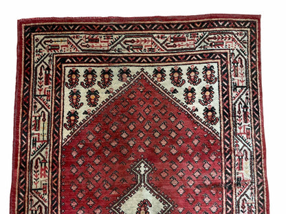Antique Handmade Wool Rug Paisley Boteh Design Tribal Area Rug Red Ivory